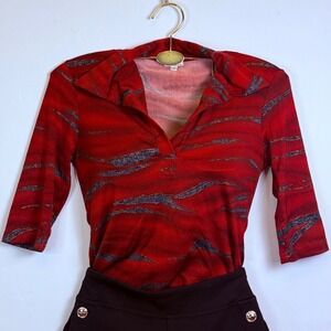 XOXO Women's 3/4 Sleeve V-Neck Blouse Red Black Gold Tiger Stripe Print Size S